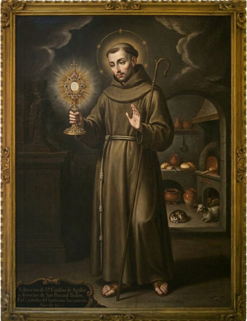 Pintura de San Pascual Bailón franciscano patrono de la Eucaristía