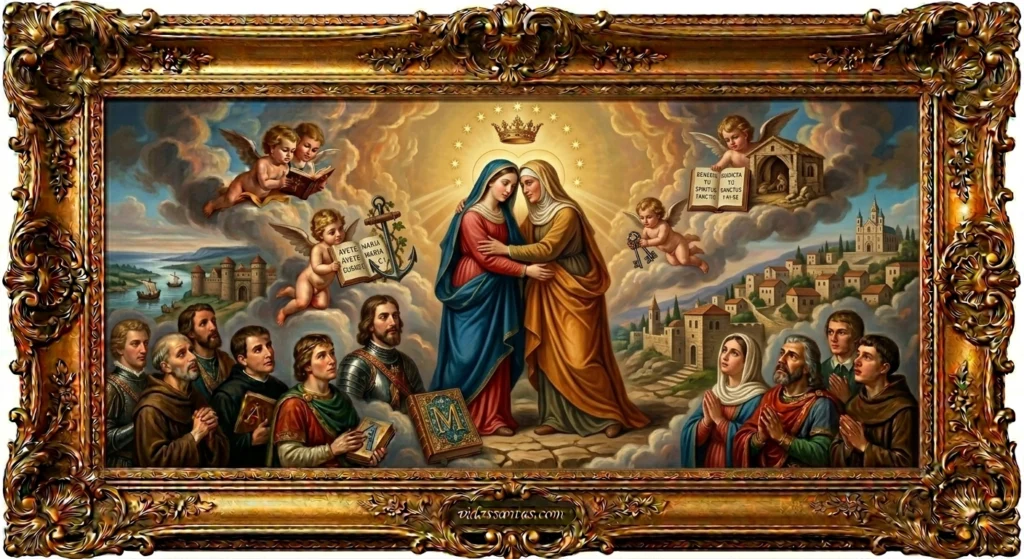 cuadro religioso con oración de la Visitación de la Virgen María, santoral del 31 de mayo.