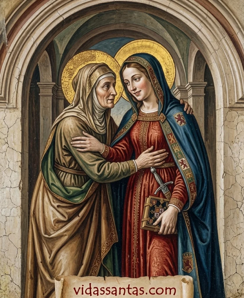 Estampa religiosa con oración de la Visitación de la Virgen María, santoral del 31 de mayo