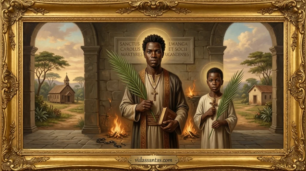 Estampa religiosa con oración de San Carlos Lwanga, santoral del 3 de junio