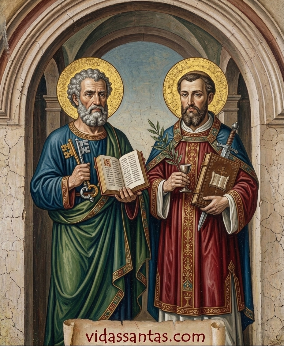 Estampa religiosa con oración de San Marcelino y San Pedro, santoral del 2 de junio