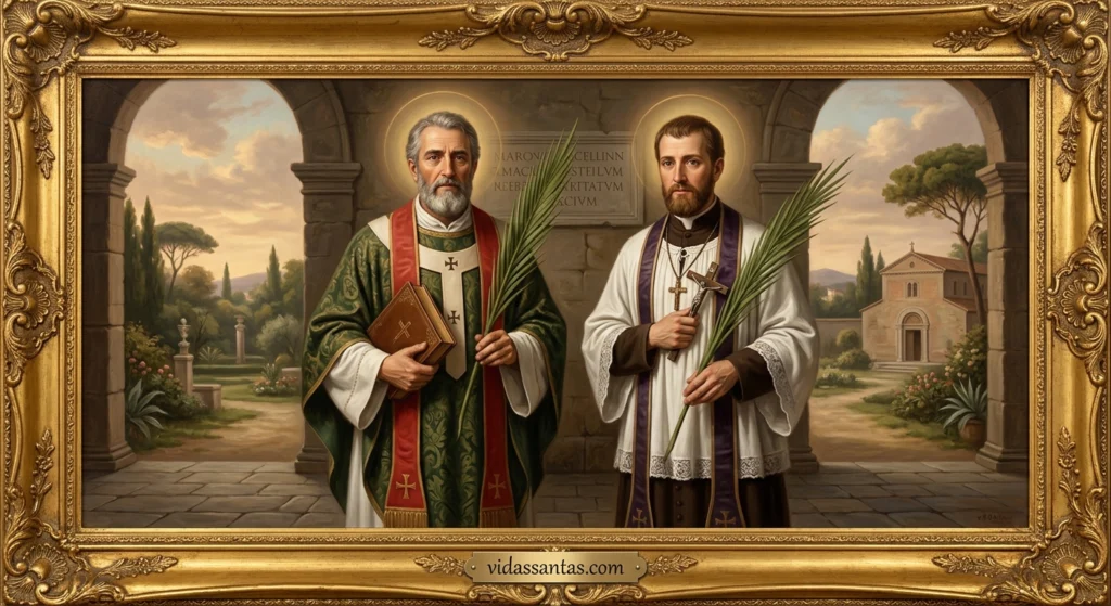 Cuadro con oración de San Marcelino y San Pedro, santoral del 2 de junio.